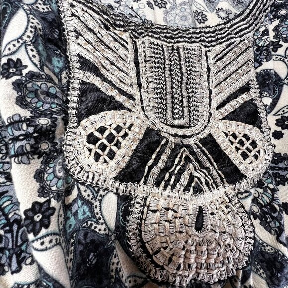 One World Boho Tunic Embroidered Peasant Gypsy Top Paisley Lg Smocked Waist - Picture 3 of 14